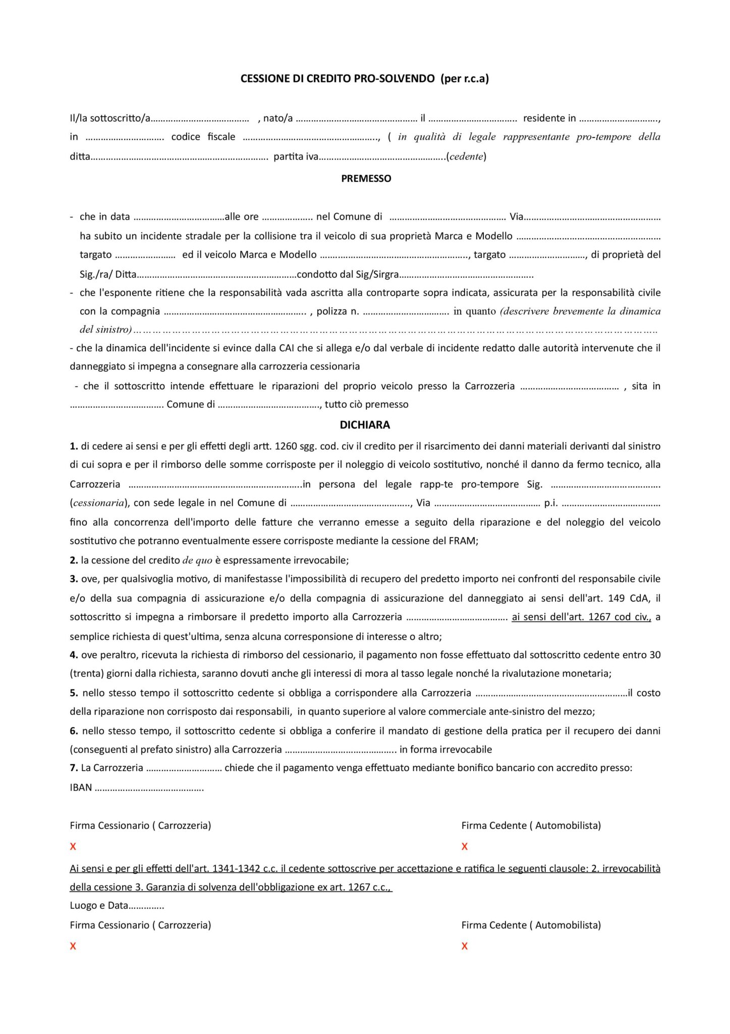 fac simile cessione del credito